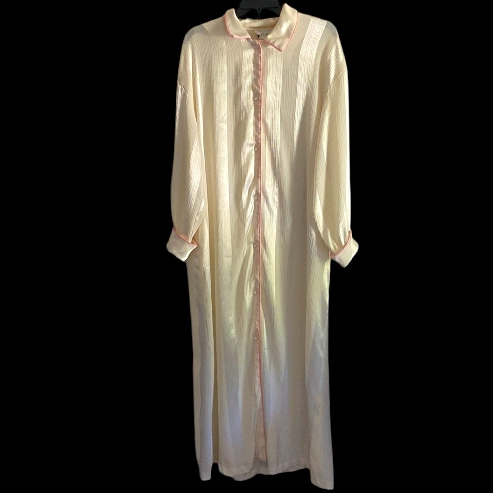 Vintage Keyloun Cream And Pink Long Satin Striped House Coat Robe Duster Buttons